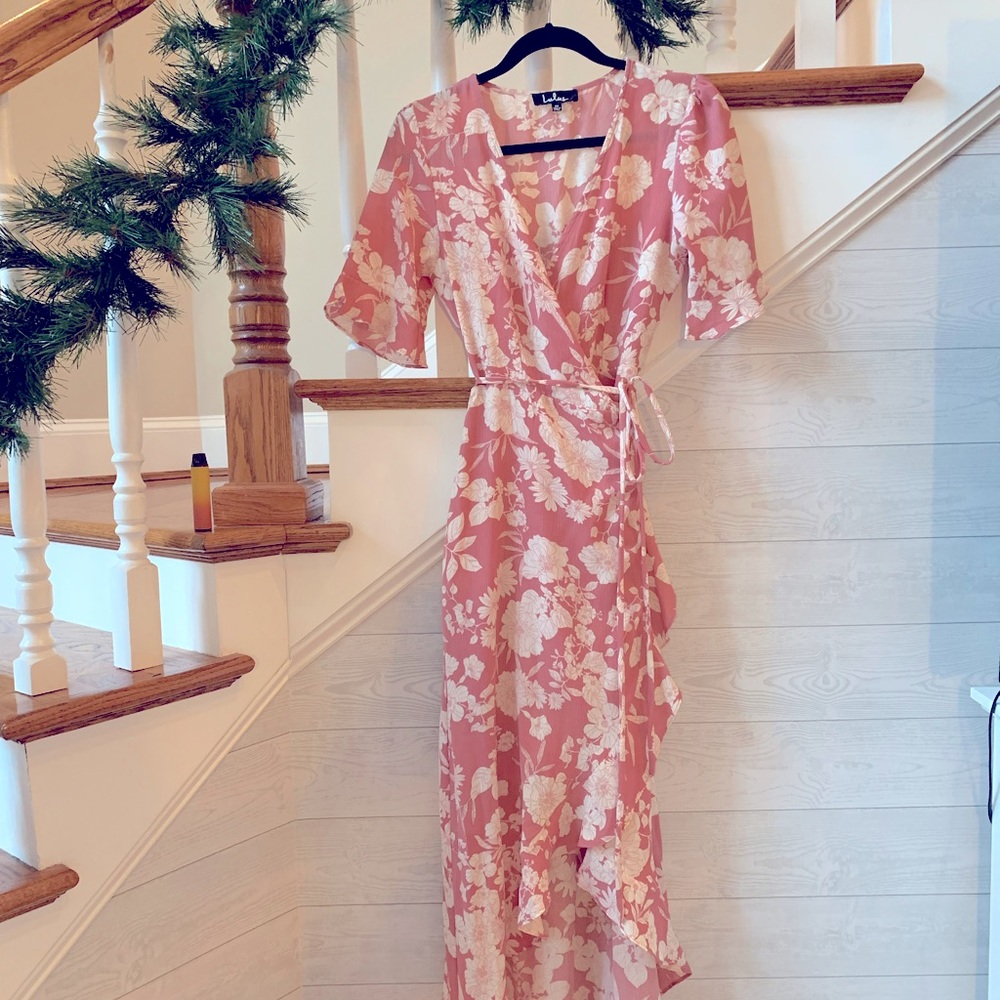 Pink Floral High Low Wrap Maxi Dress